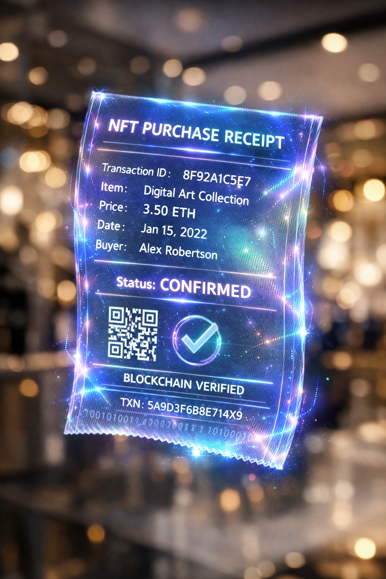 Holographic NFT receipt displaying blockchain transaction proof of purchase with digital verification