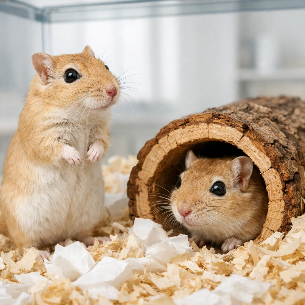 Two social pet gerbils interacting in a clean glass habitat with natural wood tunnels.