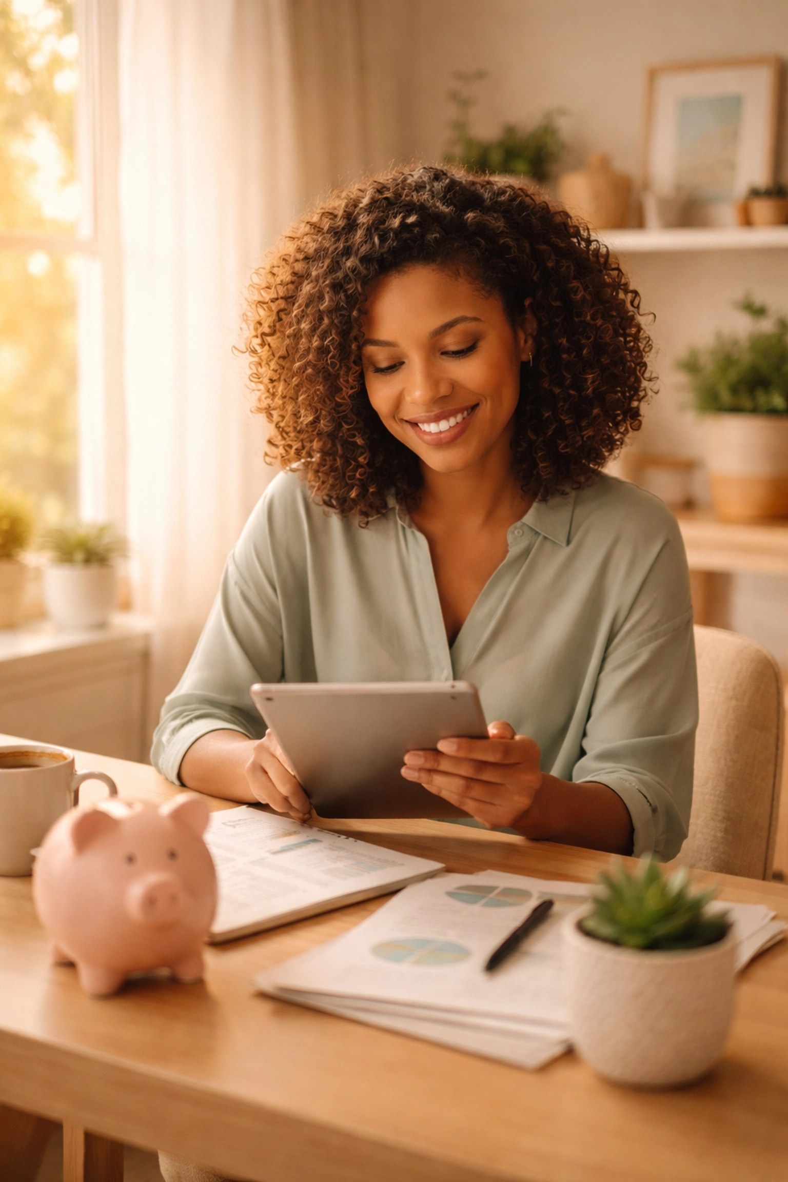 Trans professional planning finances confidently in a bright home office, illustrating inclusive financial empowerment.