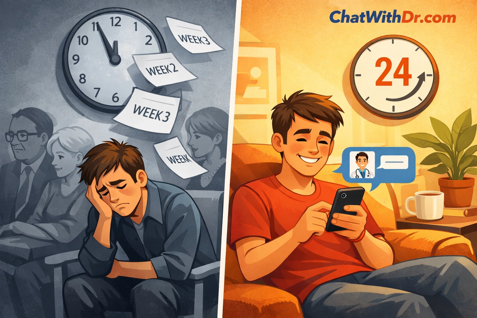 Comparison of slow traditional doctor visits versus fast online telehealth consultations