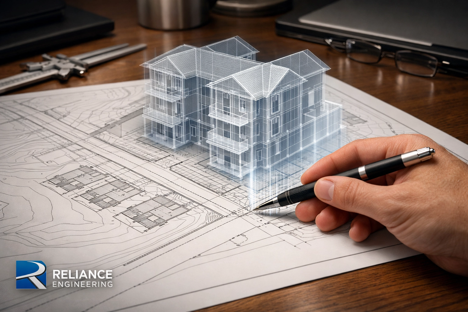 Engineer reviewing a detailed multiplex site grading plan for a 4-plex development project in Ontario.