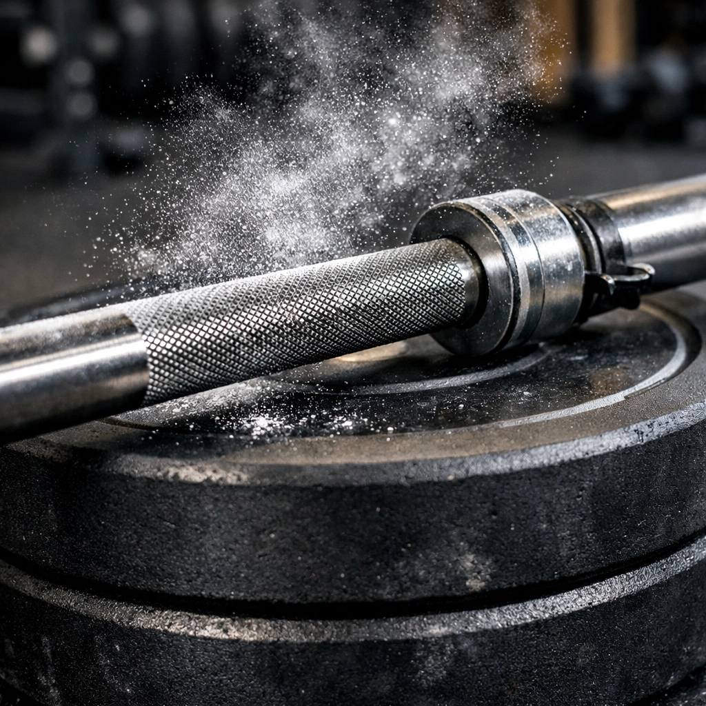 Professional Olympic barbell and bumper plates on protective flooring for a full body workout at home.