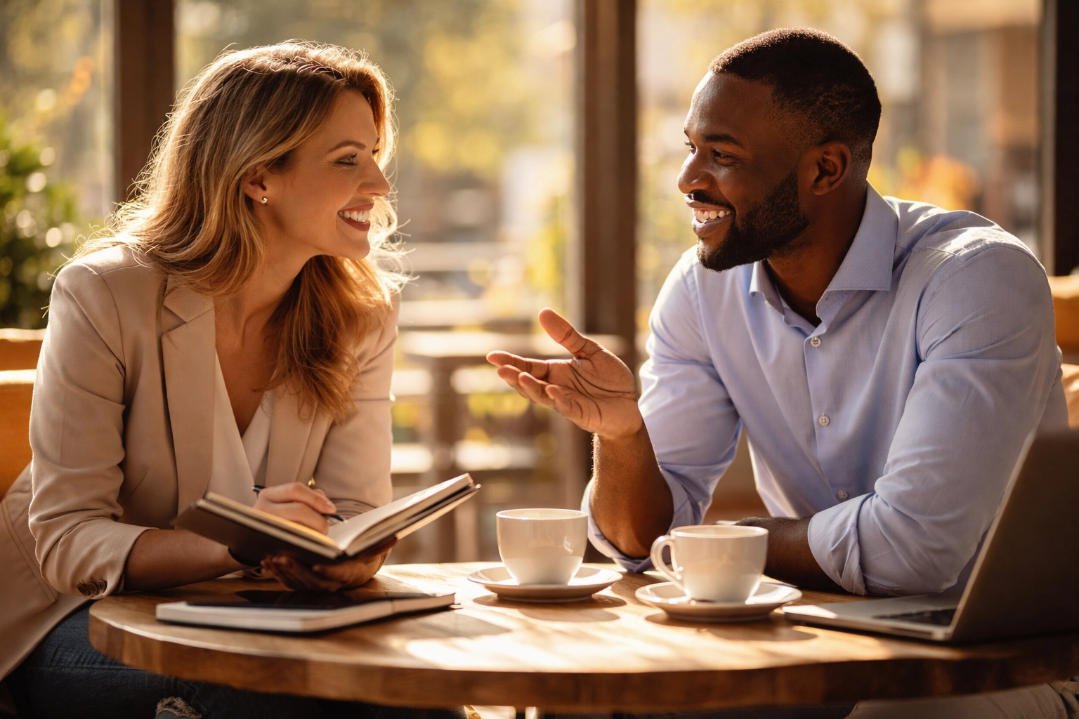 Two professionals having a collaborative discussion at a sunlit café, highlighting relationship building in PR.