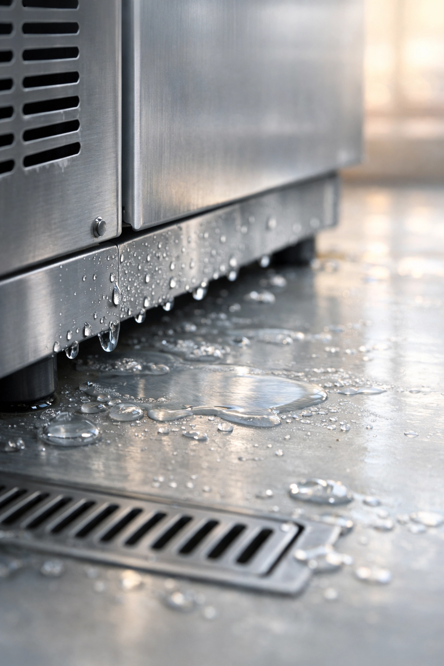 Water leak pooling around commercial refrigeration unit base with clogged drain on Oahu