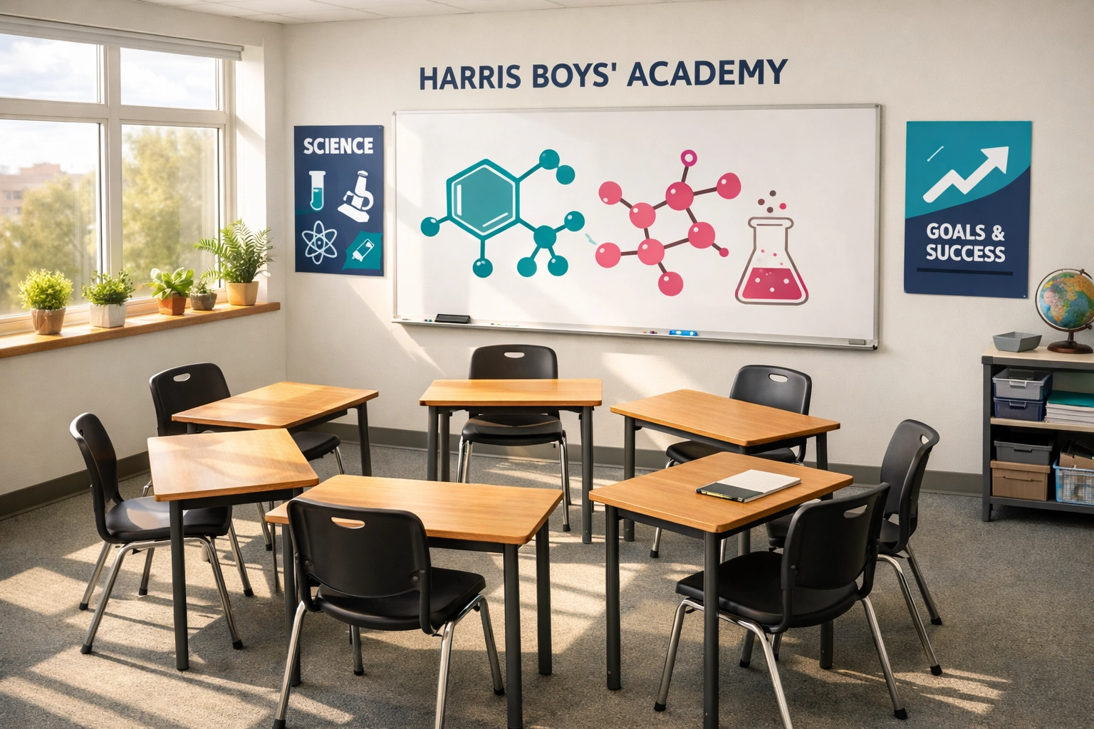 Bright modern classroom at Harris Boys Academy in Dulwich set up for small group GCSE Science teaching