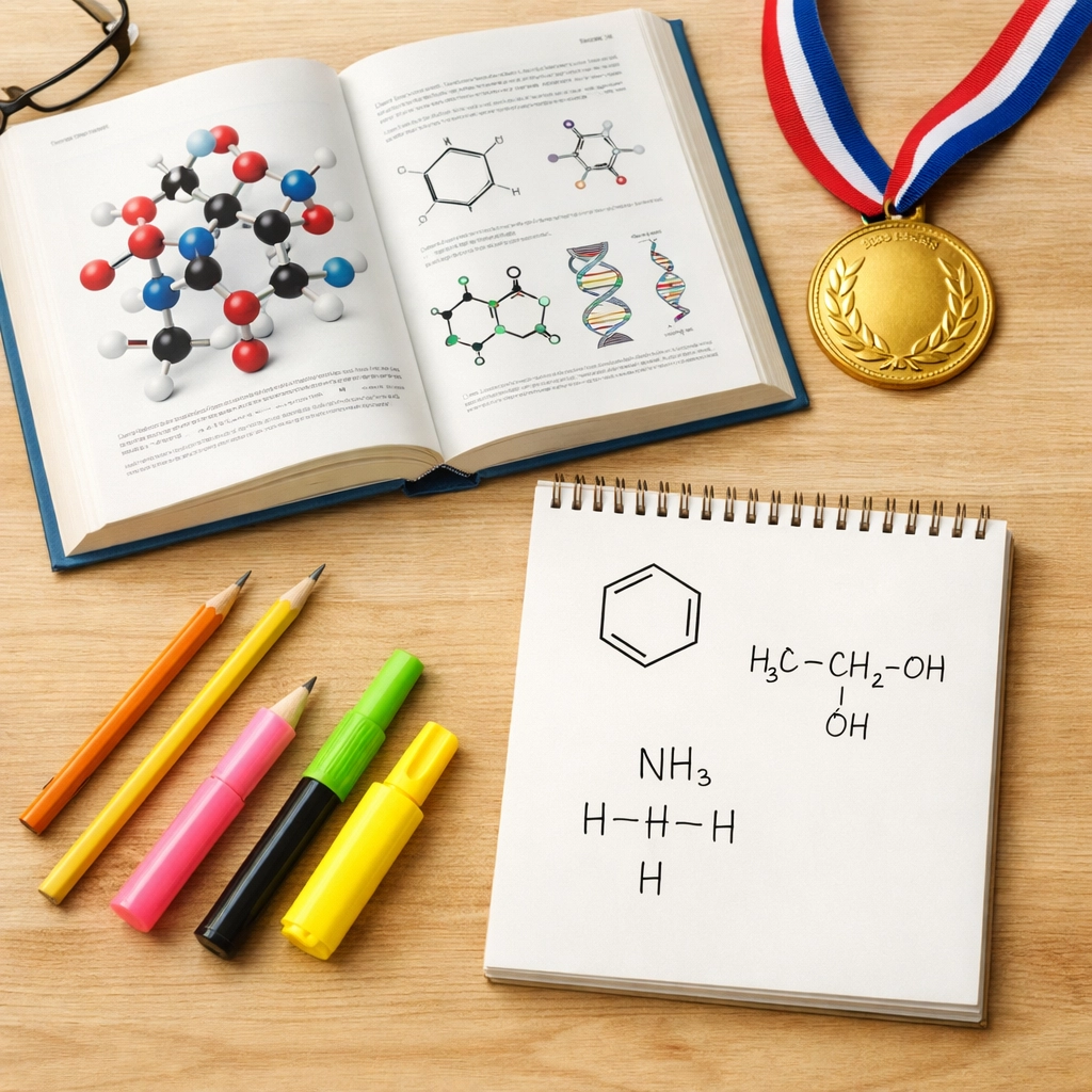 Chemistry Olympiad gold medal with study materials and molecular diagrams on student desk