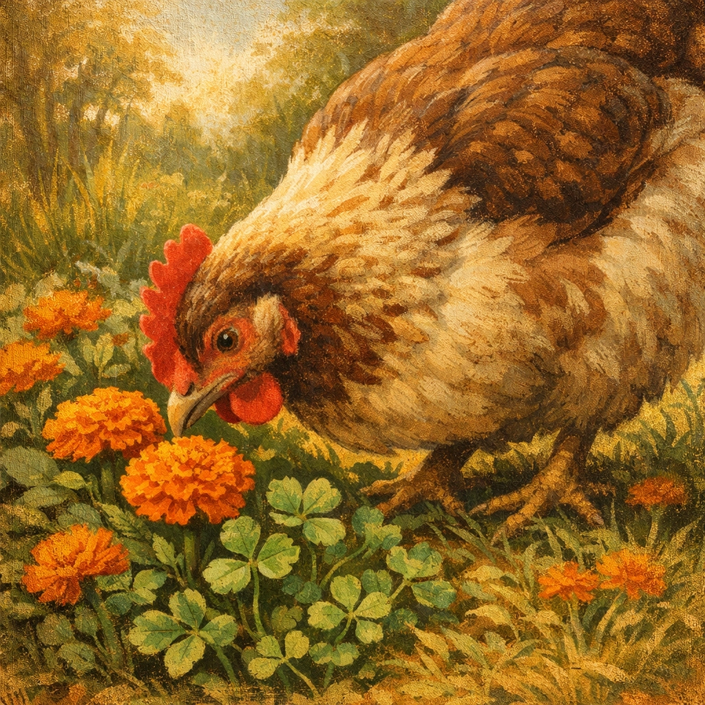 Pasture-raised hen foraging on clover and marigolds rich in carotenoids that create deep orange yolk color