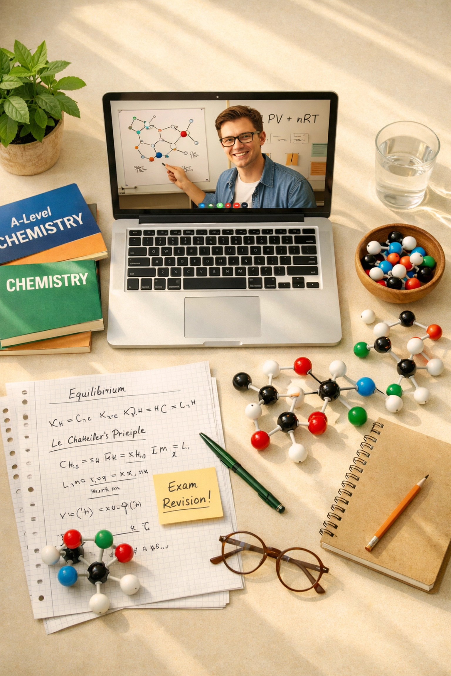Online A Level chemistry tutoring session with molecular models and study materials on desk