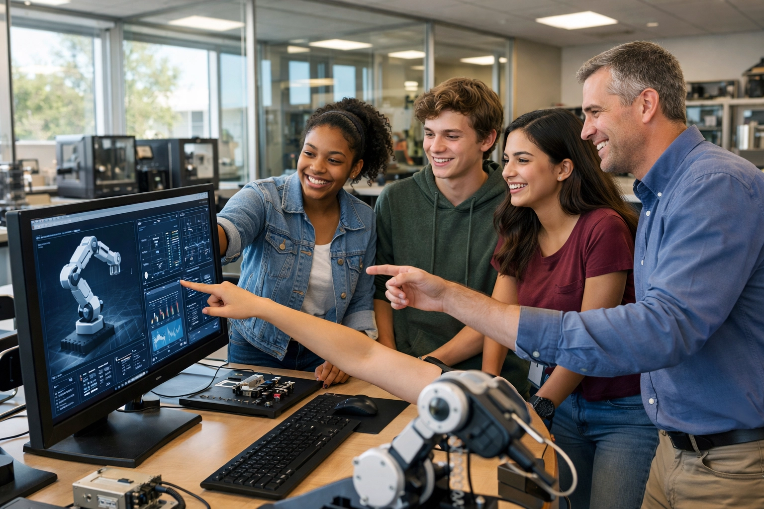 High school students and mentor at a workstation showing the value of strategic technology sponsorships.