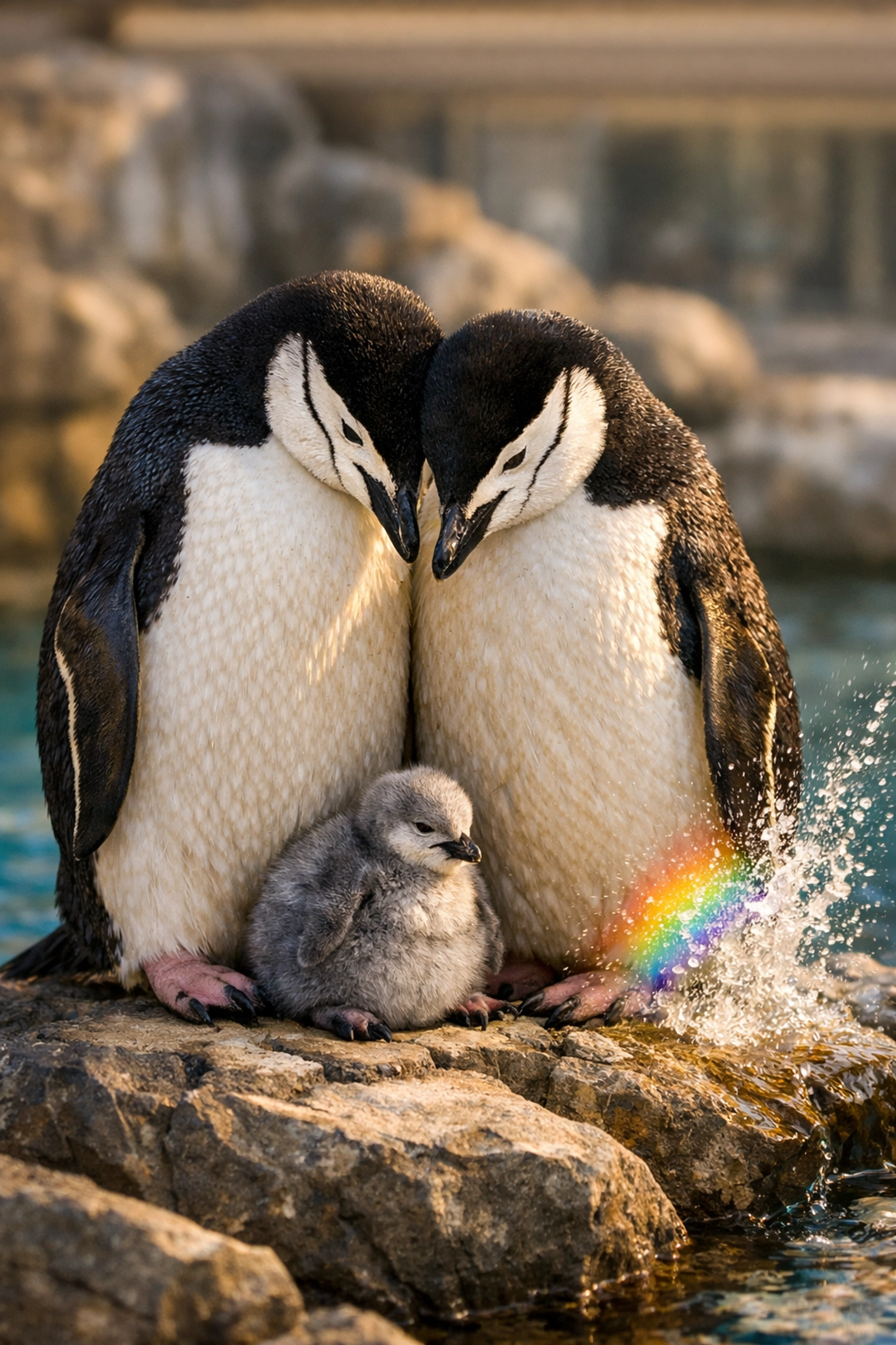 Two male chinstrap penguins caring for a chick in a zoo, representing real-life gay love stories in nature.