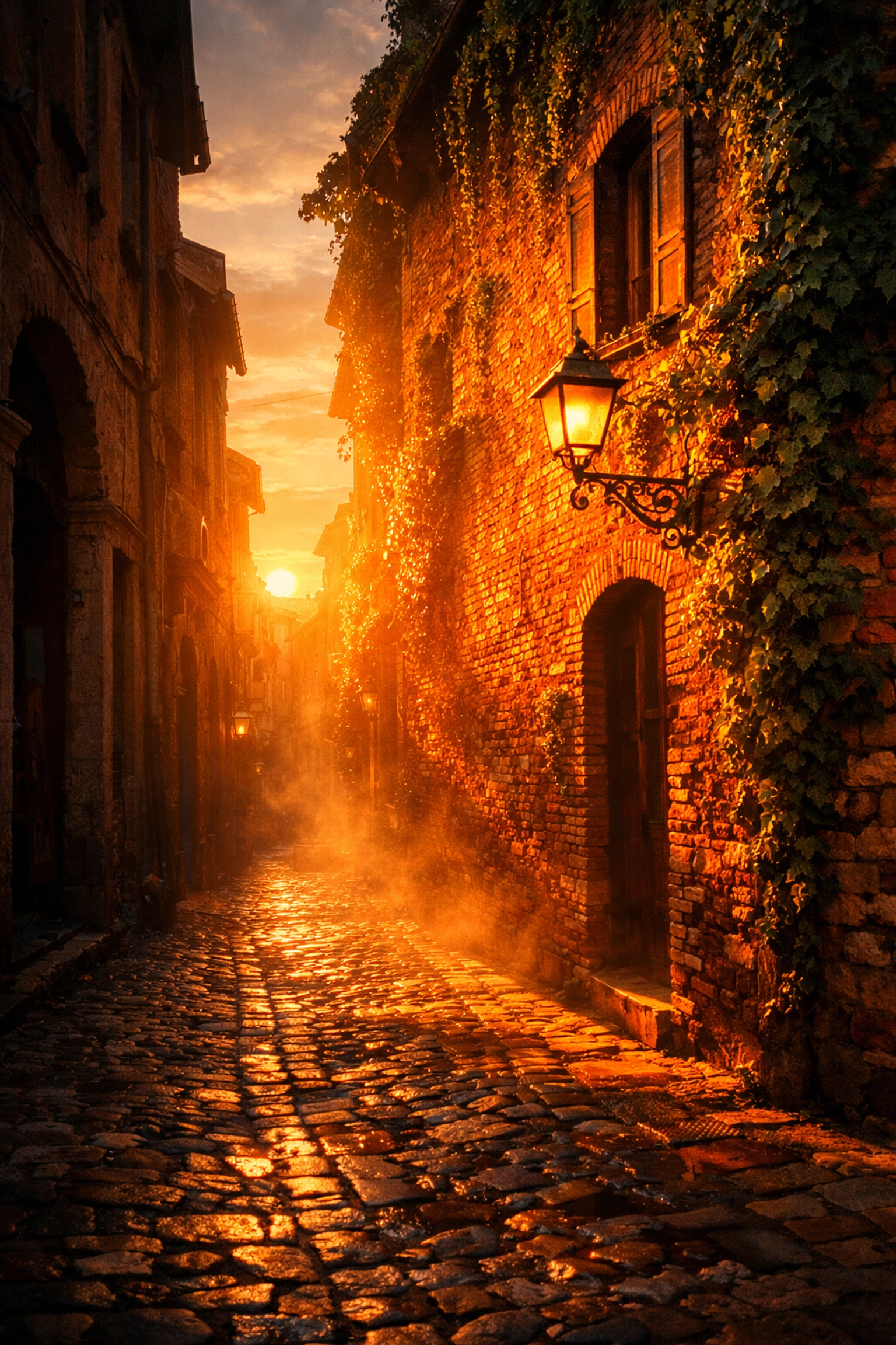 A historic cobblestone street illuminated by golden hour light, perfect for city photography spots.