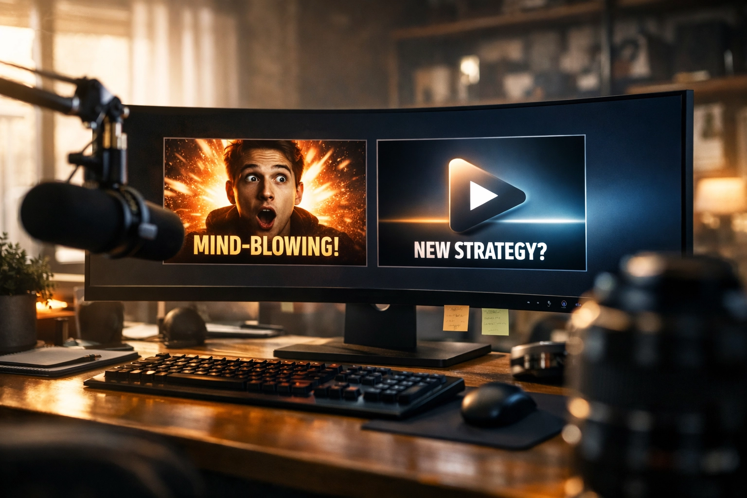 A creator comparing two YouTube video thumbnails on a monitor to optimize click-through rate and growth.