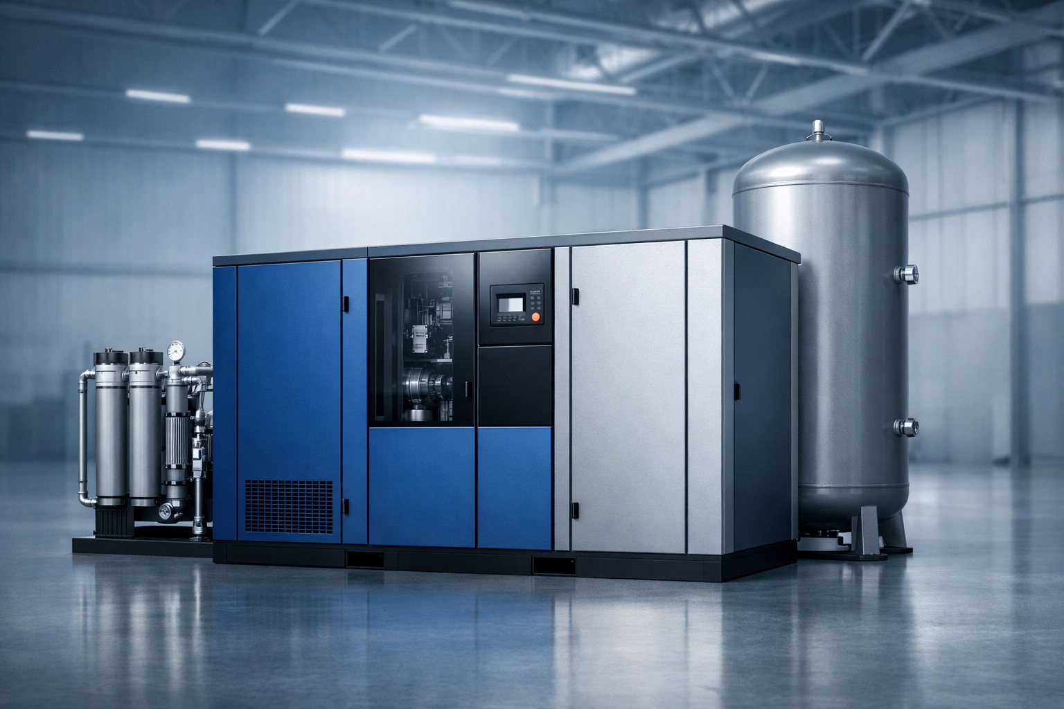 Industrial PMV screw air compressor system with vertical tank for energy-efficient factory air supply.