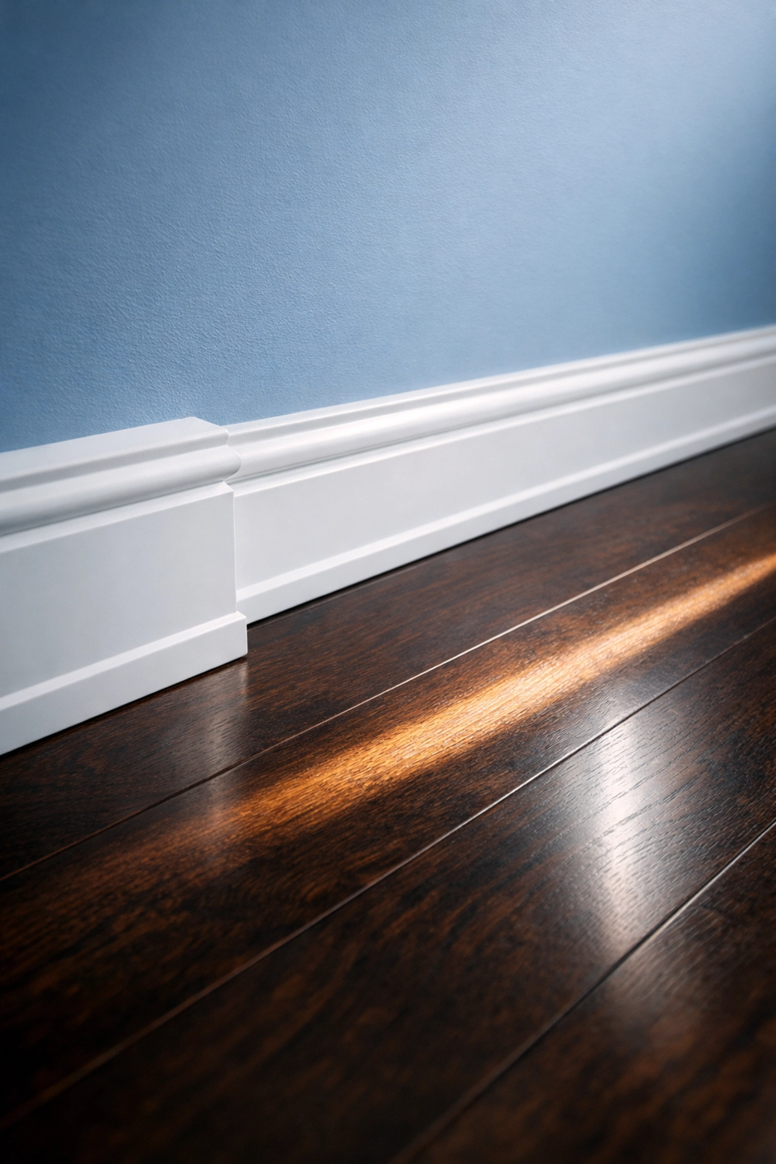 Detailed cleaning of white baseboards and spotless floors by a professional move-out cleaning service.