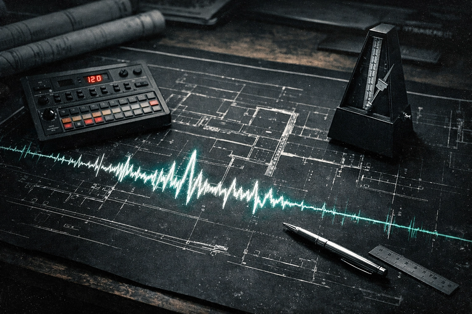Minimalist gritty cinematic: architectural blueprint desk with soundwave overlays and beat-making tools for the Monday-through-Saturday build