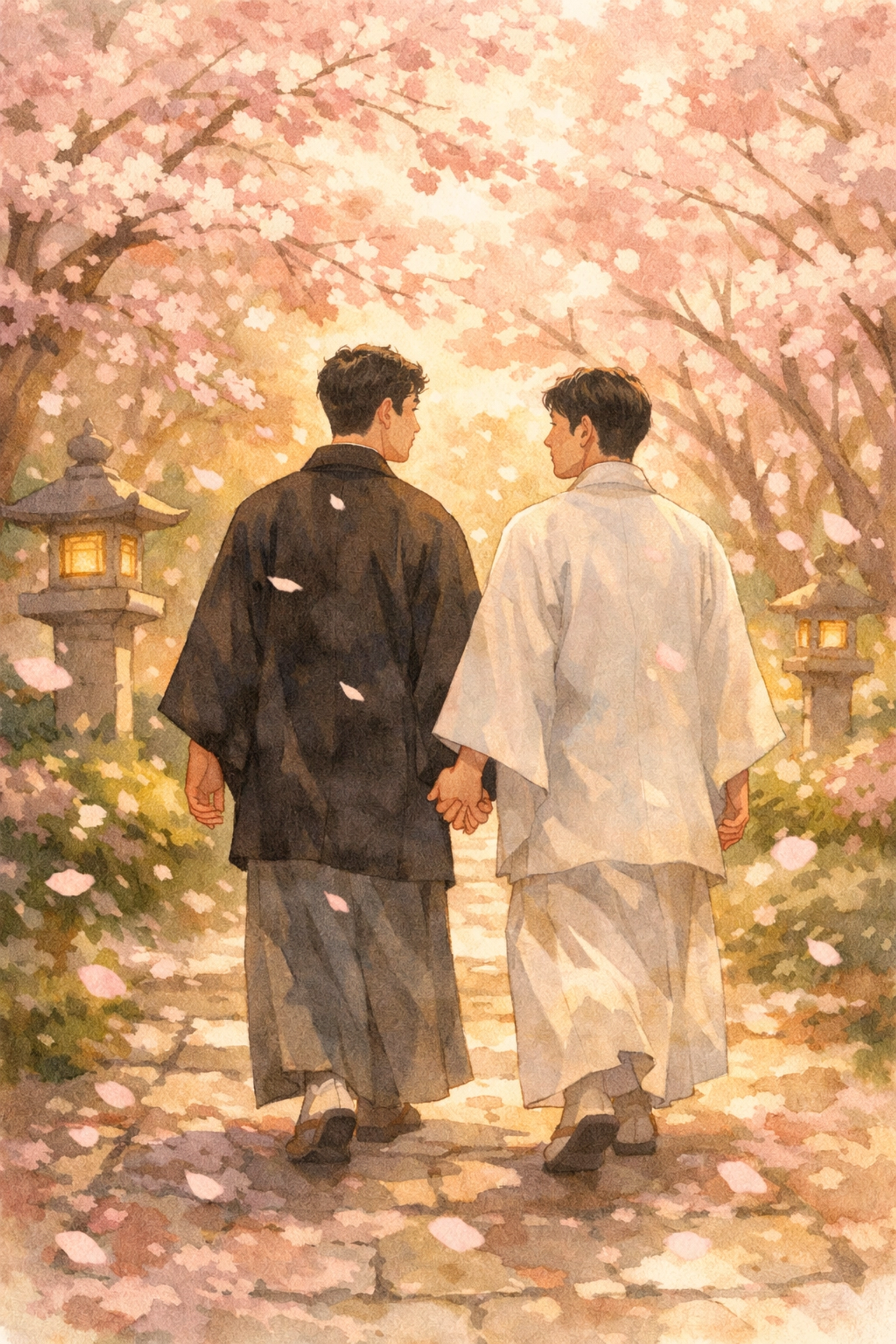 Gay couple in wedding kimono walking hand-in-hand through cherry blossom garden in Kyoto