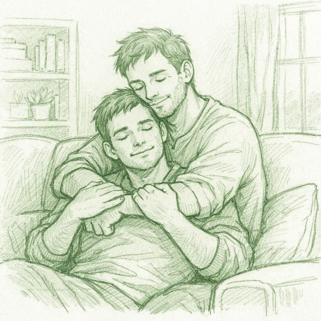 Two men in protective embrace at home showing emotional depth of MM romance relationship