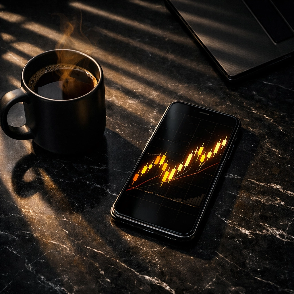 Smartphone showing candlestick charts on a modern desk for daily morning market analysis.