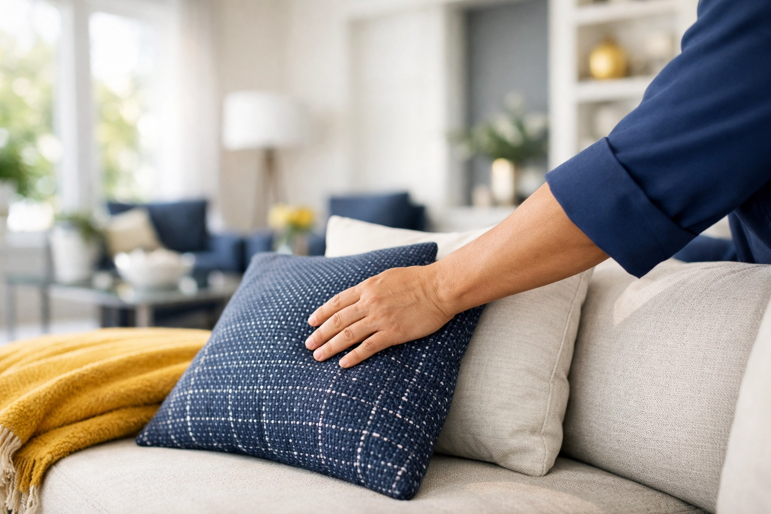 Professional cleaner adjusting a pillow in a clean Waltham home, demonstrating top cleaning services near me.