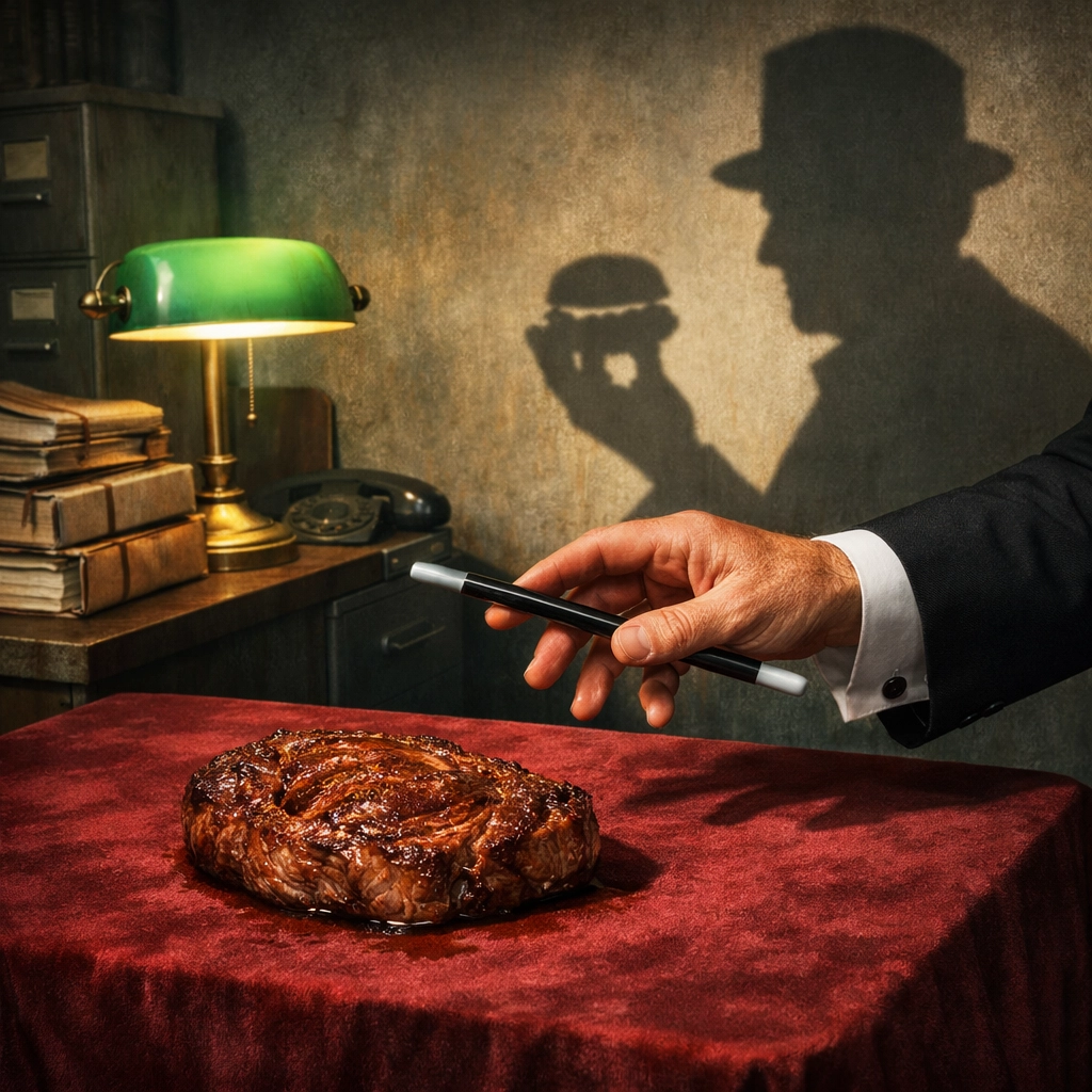 Magician swapping steak for a burger in a shadow, representing the inflation bait-and-switch in CPI data.