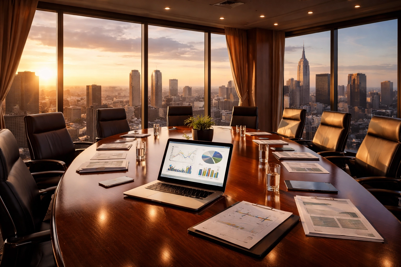 Executive boardroom with skyline view symbolizing strategic sports media consulting expertise
