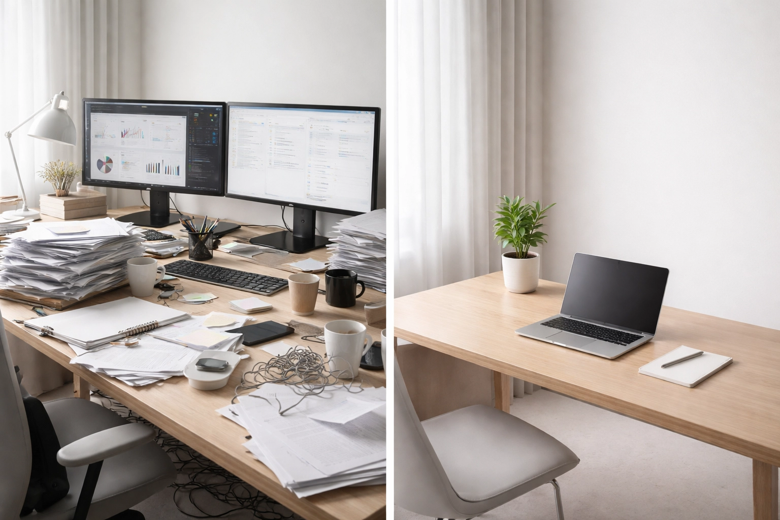 Minimalistic contrast showing a cluttered agency desk versus a clean, simple web designer workspace
