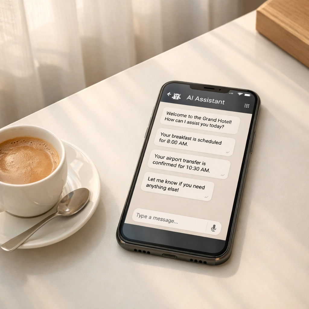 Smartphone displaying automated hotel chatbot messages for instant guest communication