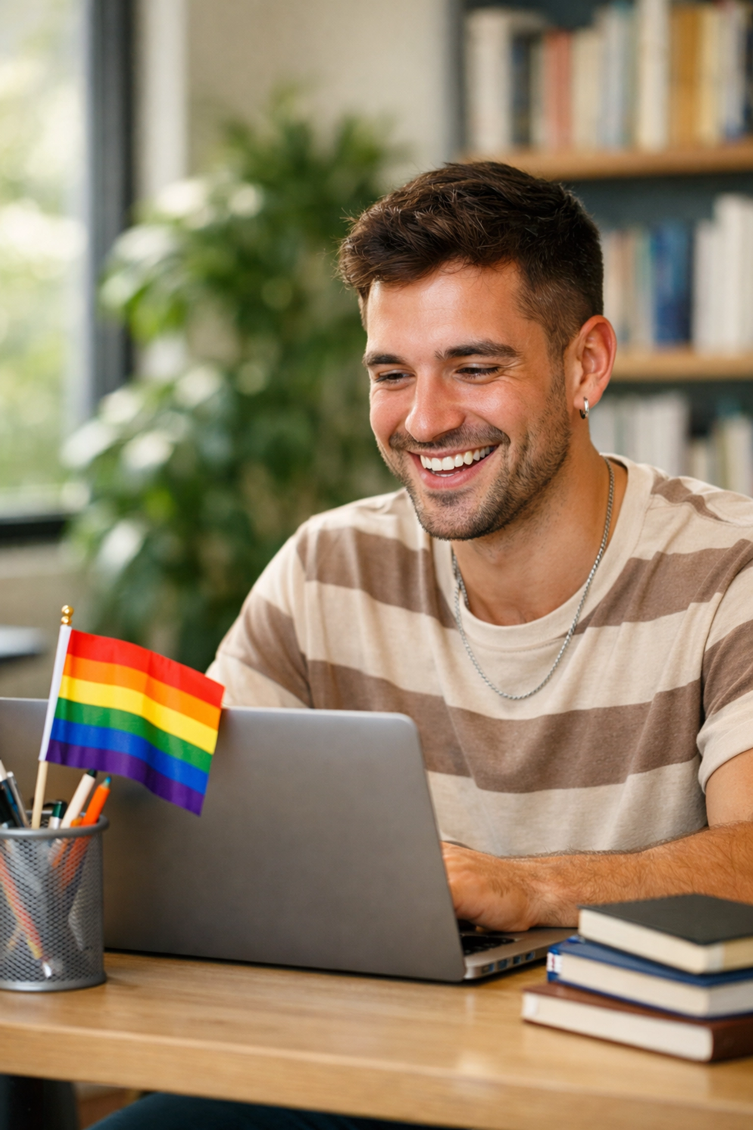 A happy queer author smiling while publishing his debut gay romance novel through the Read with Pride portal.