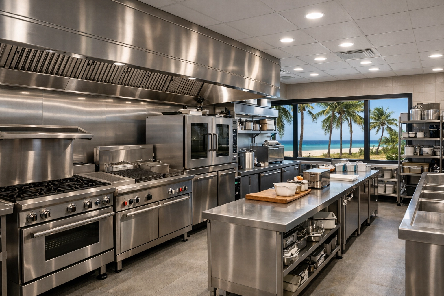 Modern Florida restaurant kitchen equipment representing high-value property insurance assets.