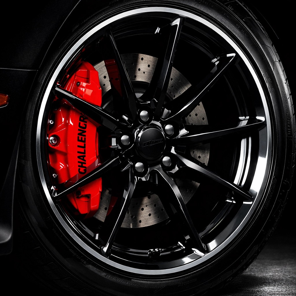 Custom red powder coated Challenger brake caliper visible through black performance wheel