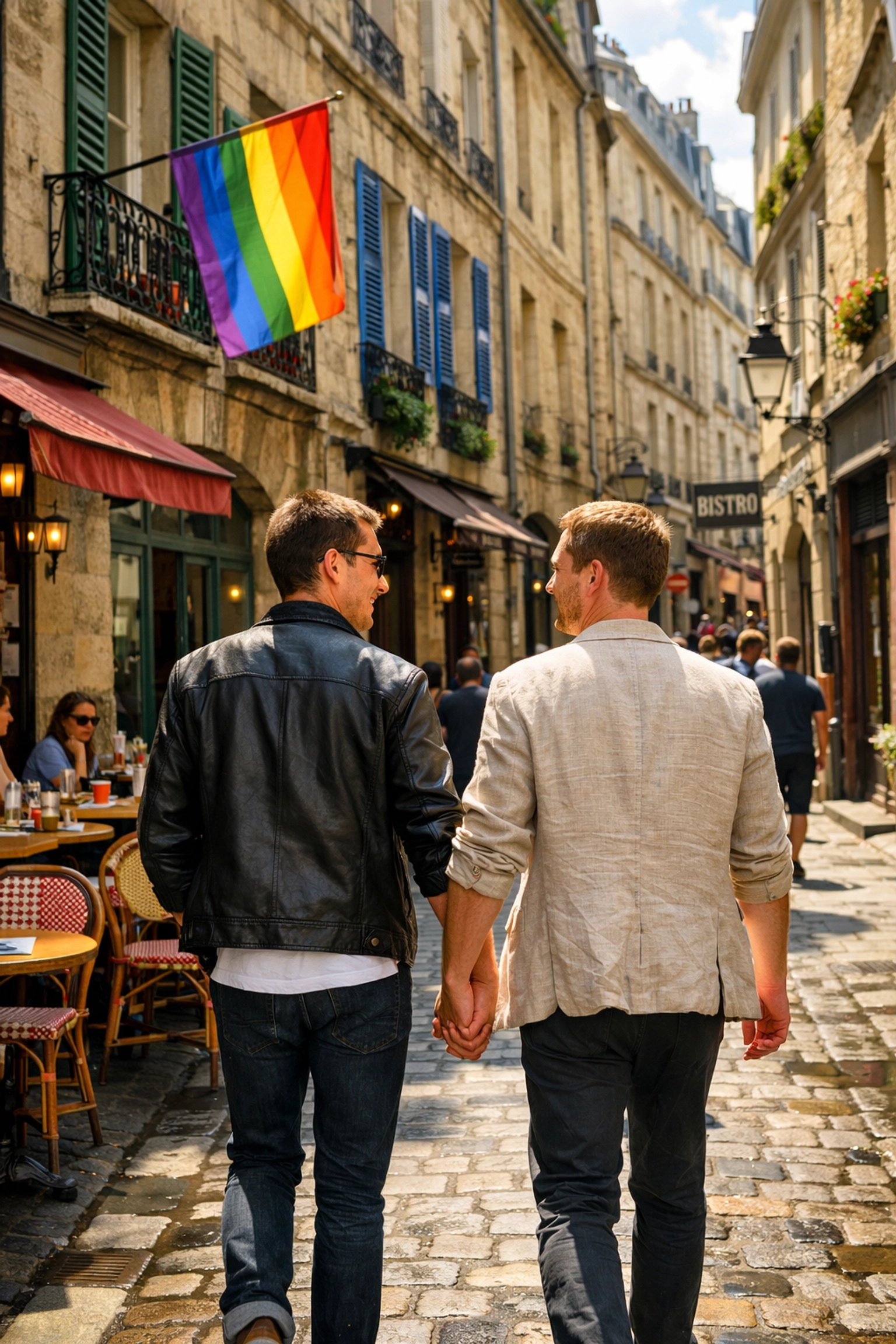Gay couple walking hand-in-hand through Le Marais historic LGBTQ+ district in Paris