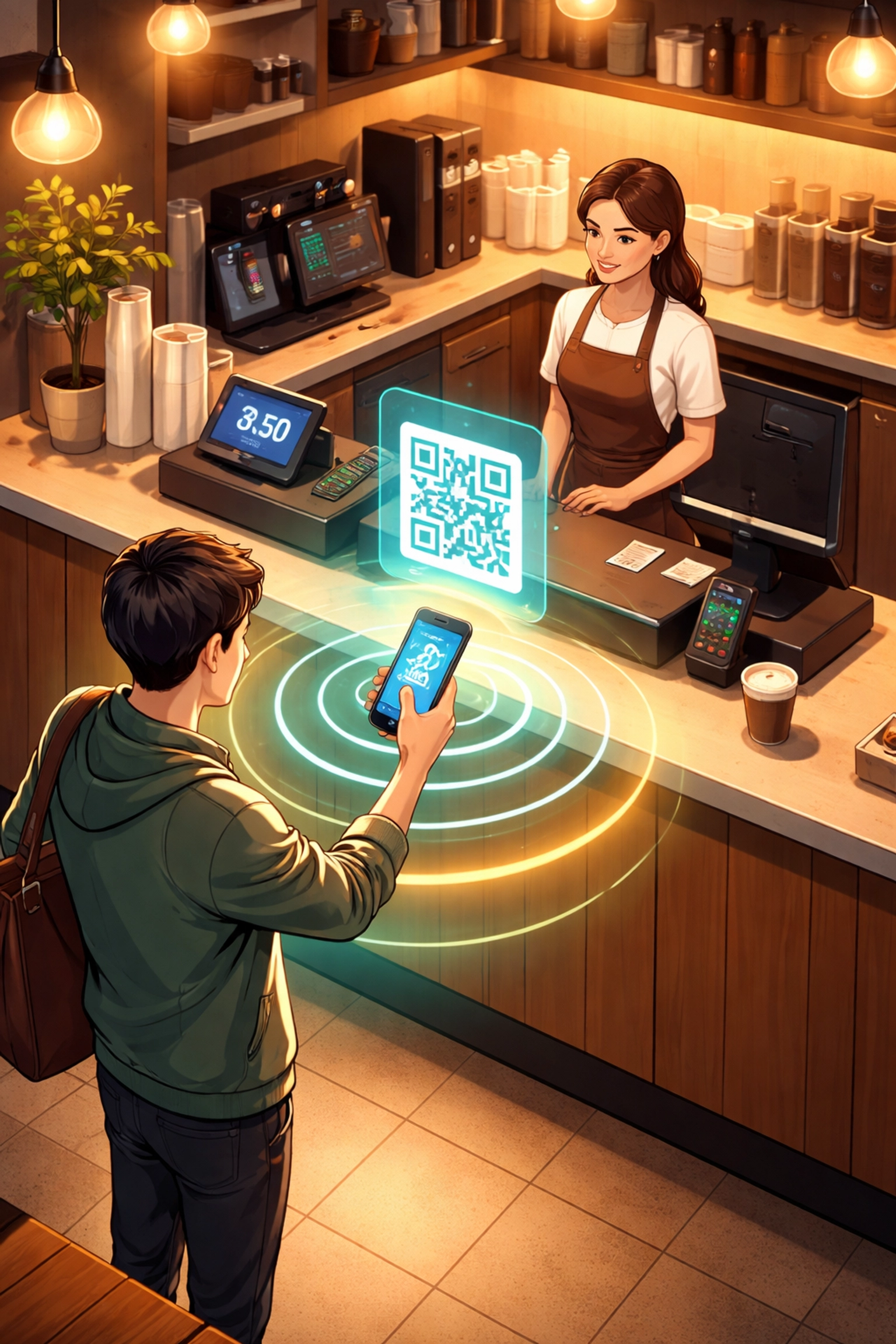 Customer scans QR code at coffee shop counter, illustrating quick crypto POS payments for small businesses.