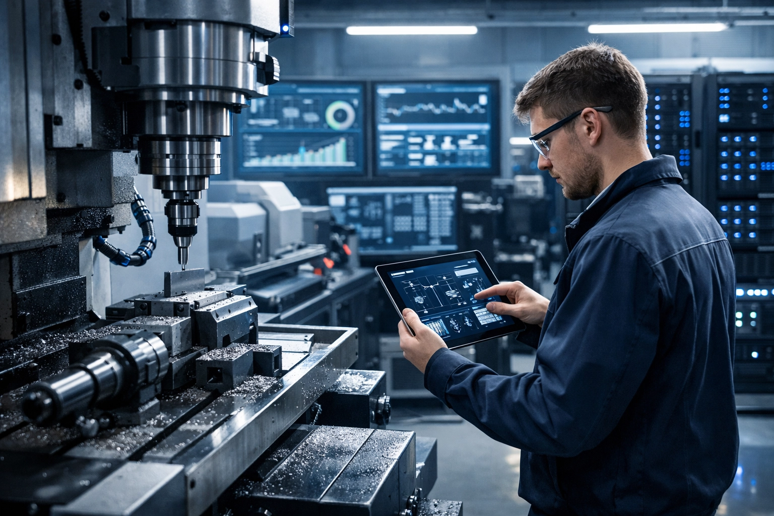 CNC engineer using tablet to monitor network data in modern UK manufacturing facility with IT infrastructure