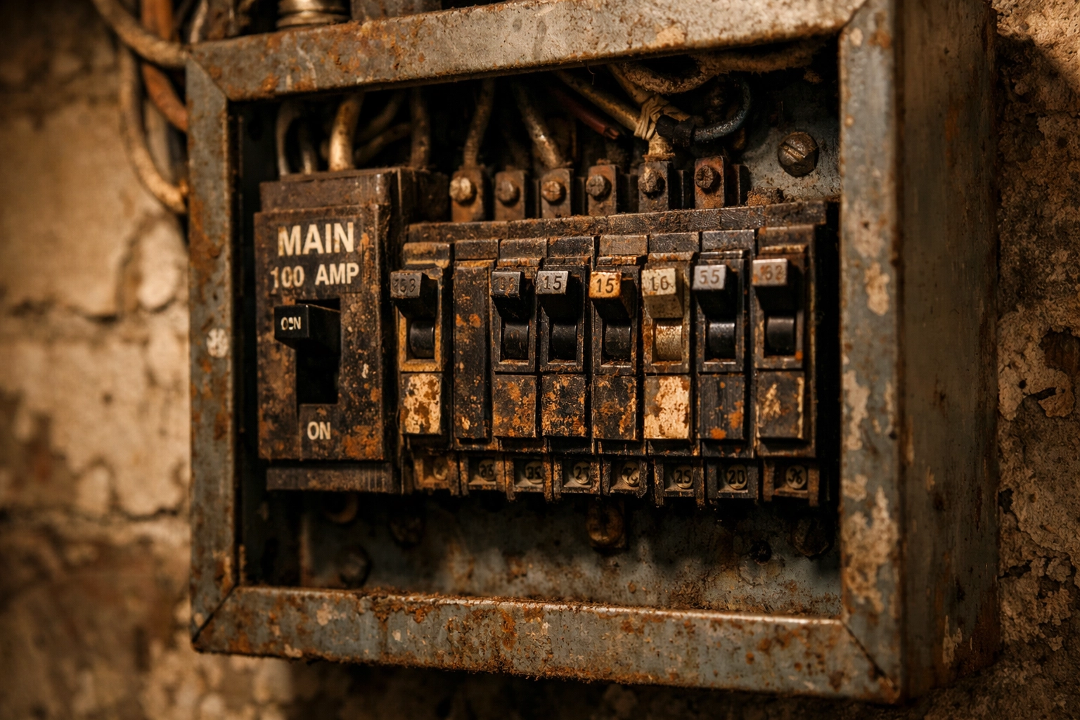 Aged electrical panel with rusty breakers showing outdated home wiring in Marietta