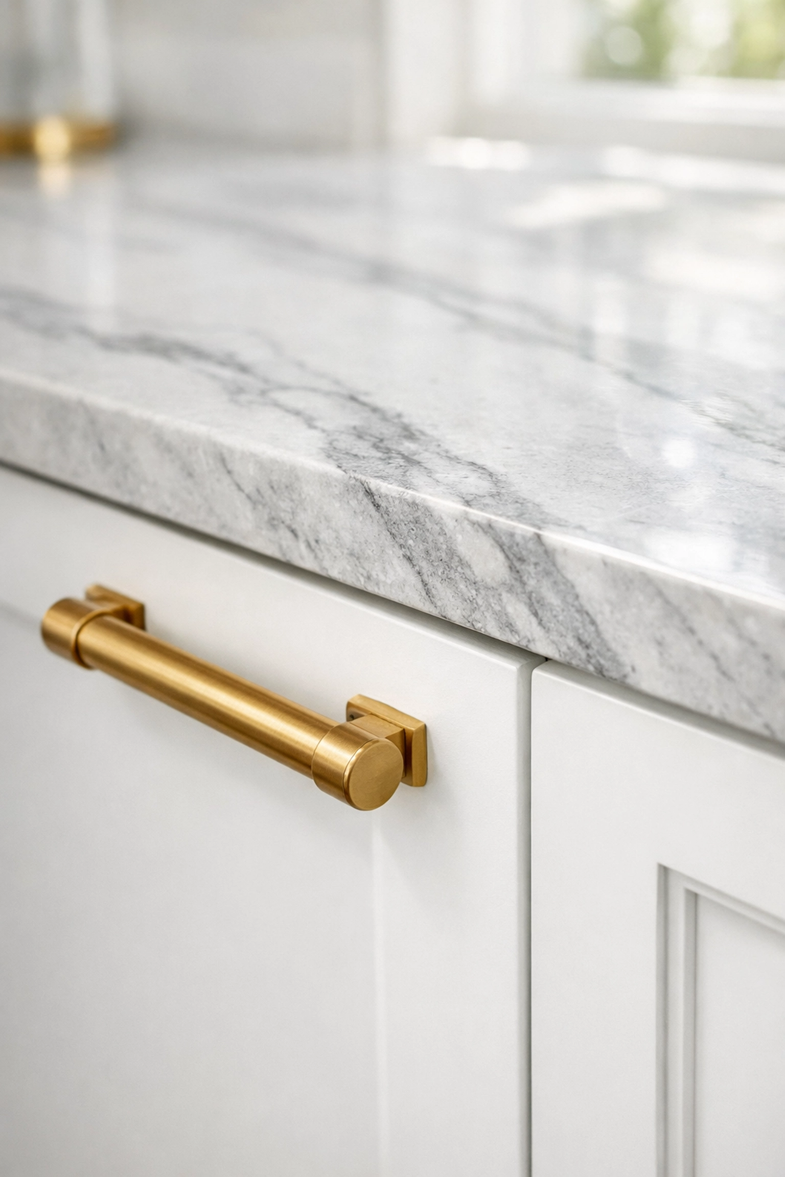 White Shaker cabinet door and quartz countertop from a Saskatoon kitchen refacing project.