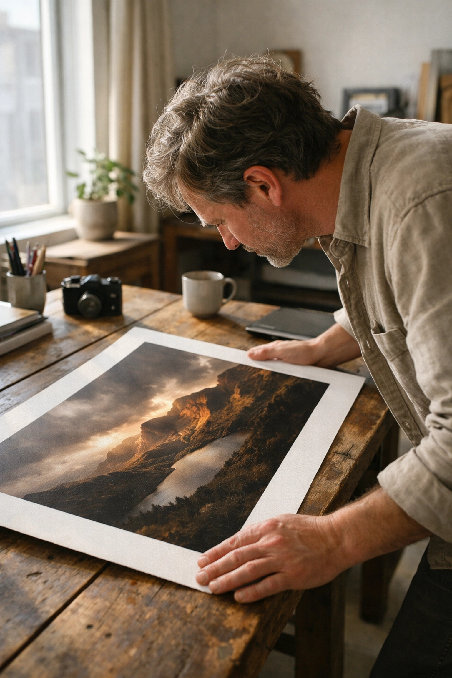 Collector inspecting the texture of a museum quality archival print on a wooden desk in a modern home office.