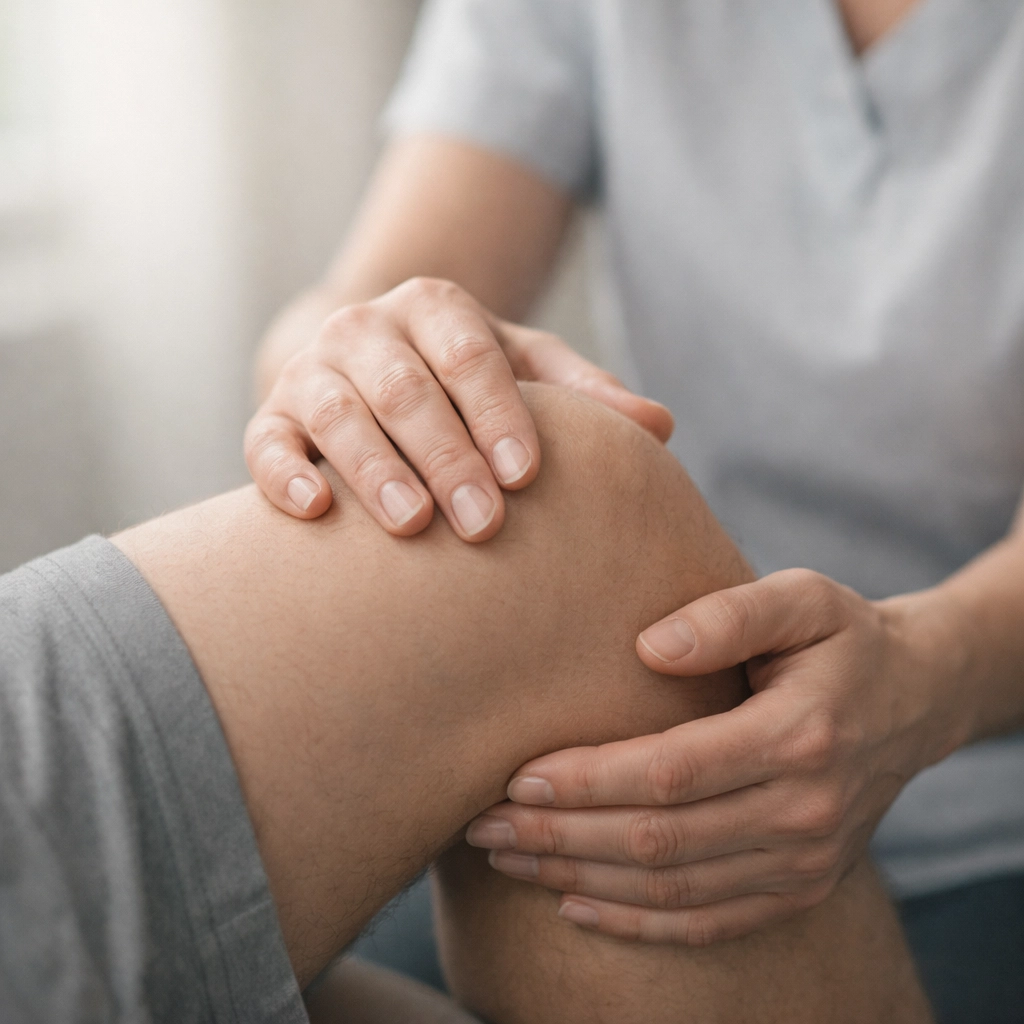 Physical therapist examining patient knee during treatment consultation