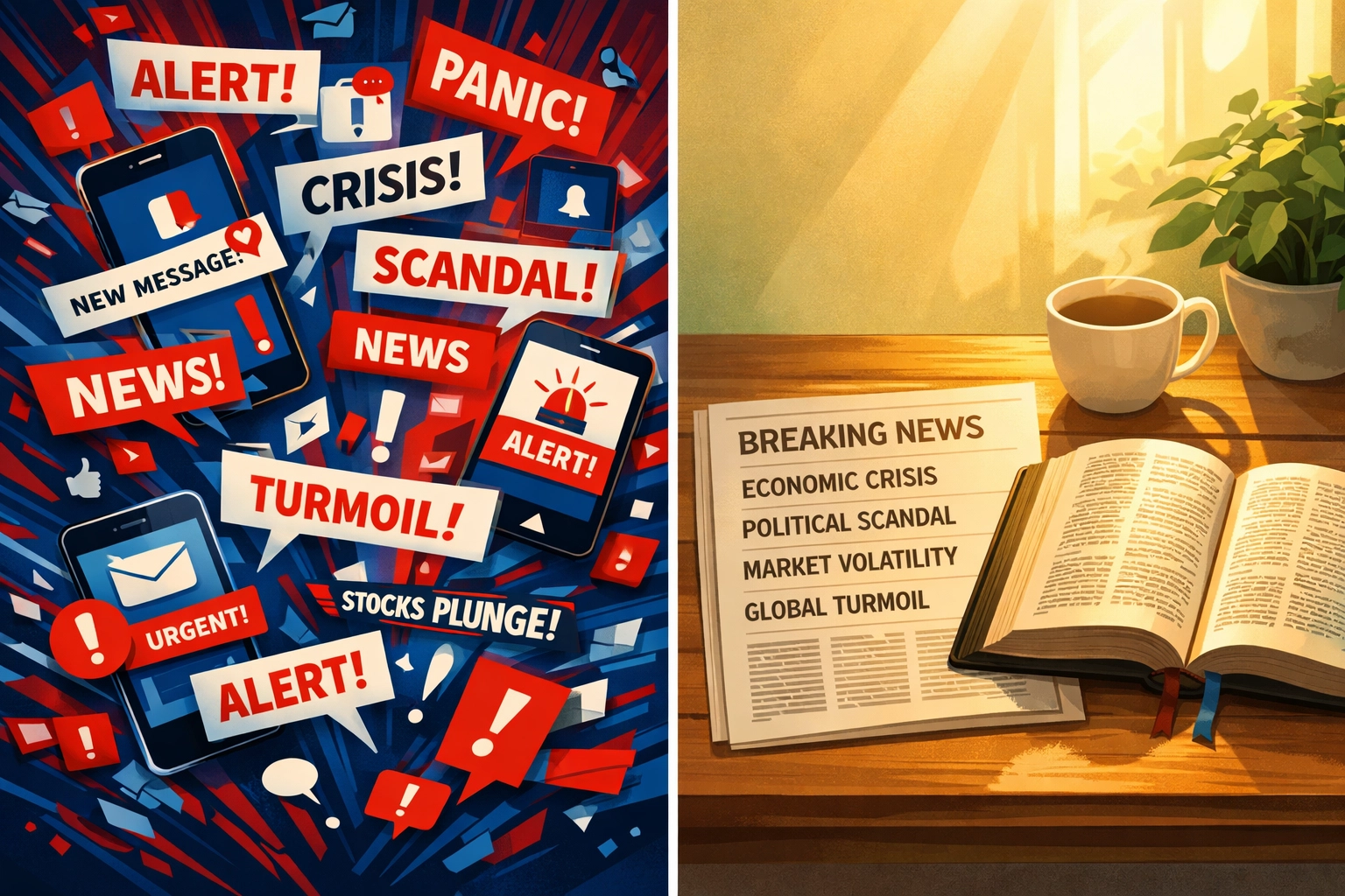 Contrast between chaotic news alerts and organized biblical news commentary approach