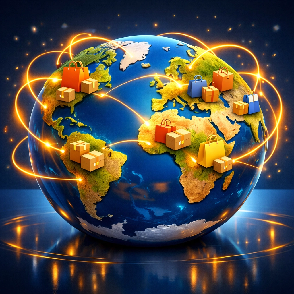 Digital globe with glowing trade routes and shopping icons illustrating global marketplace expansion.