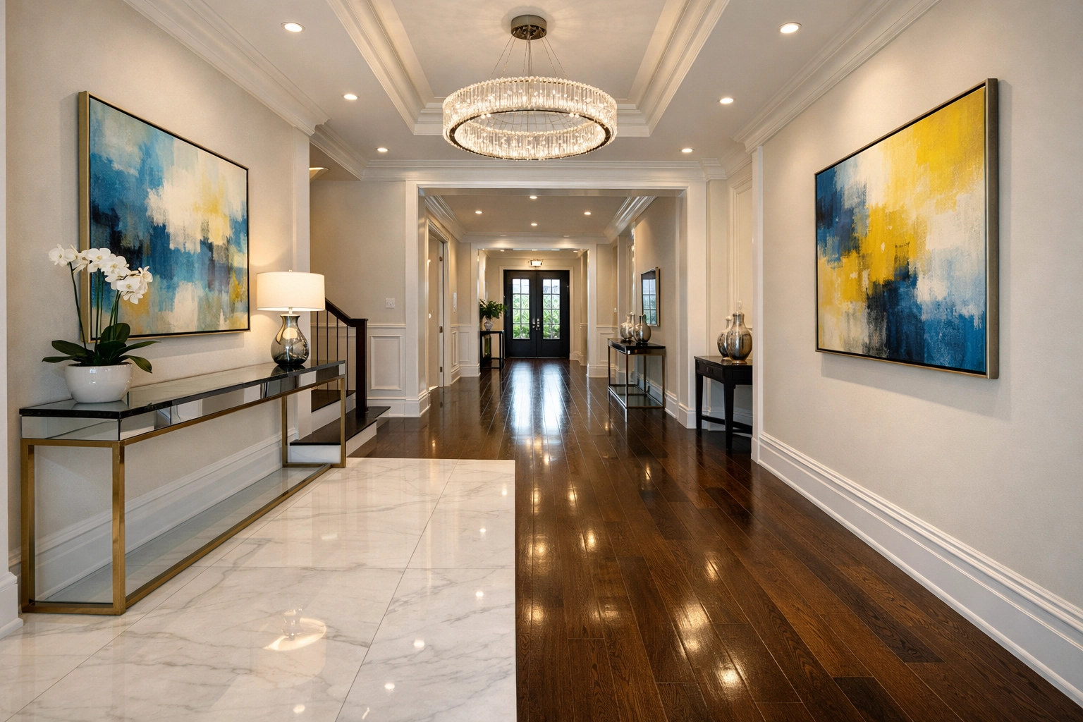 Impeccable foyer and hardwood floors cleaned using safe eco-friendly house cleaning Natick MA techniques.