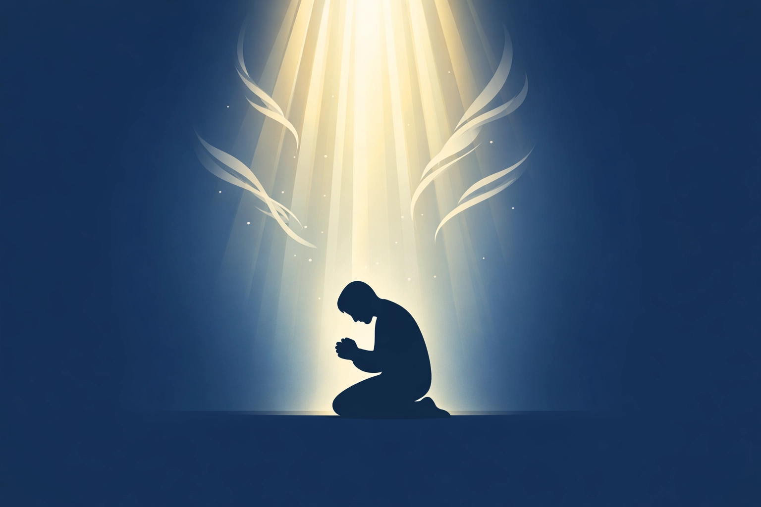 Person kneeling in prayer with divine light representing the Holy Spirit's healing power