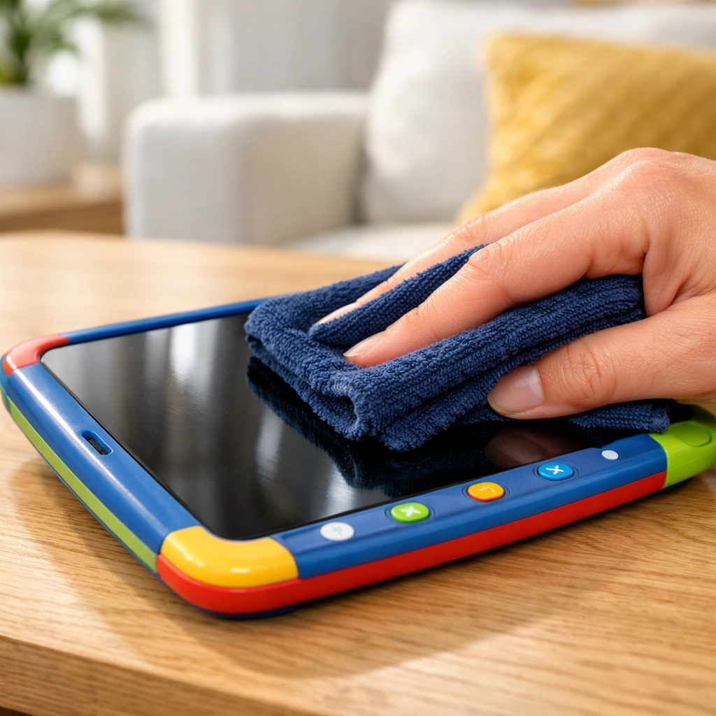 Sanitizing a child's electronic learning tablet with a blue microfiber cloth.