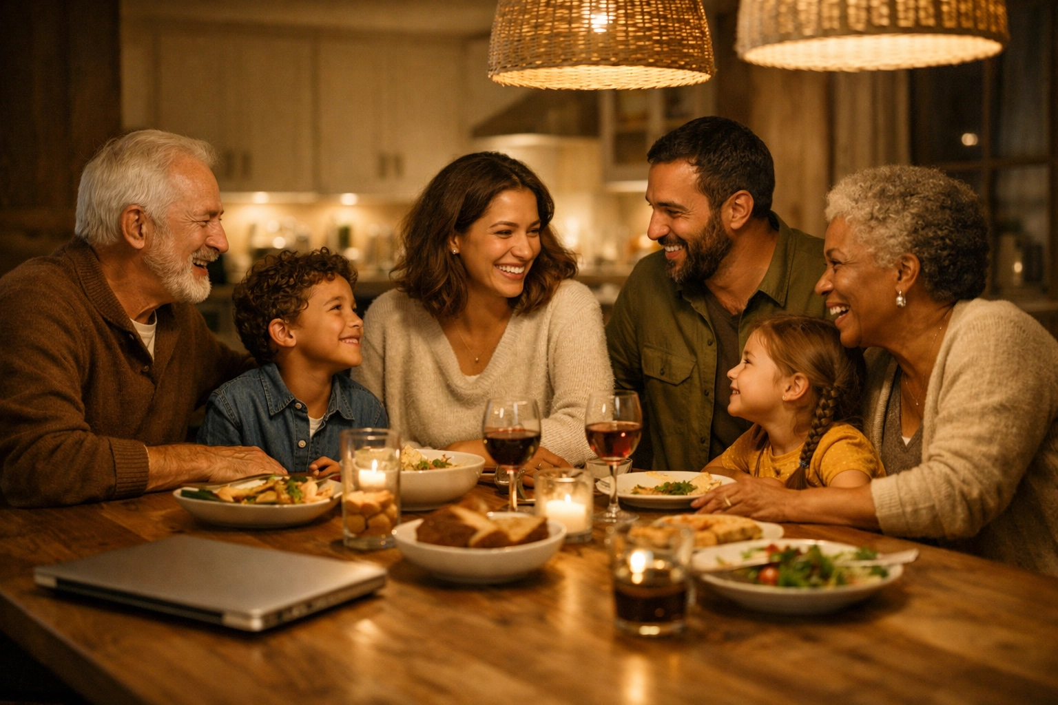 Multigenerational family together at dinner table with laptop closed demonstrating healthy technology boundaries