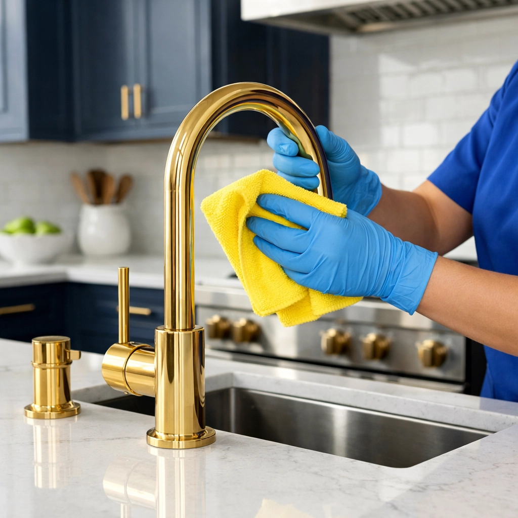 Professional post construction cleaning service dusting a modern Massachusetts kitchen.