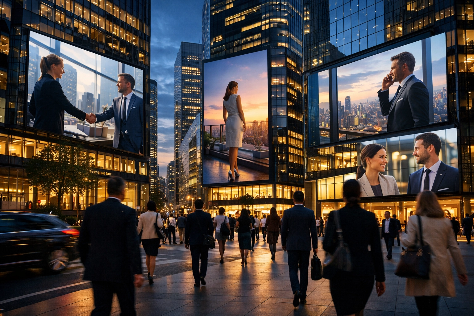 Modern city skyscrapers displaying digital advertising screens for global multi-sector brand reach.