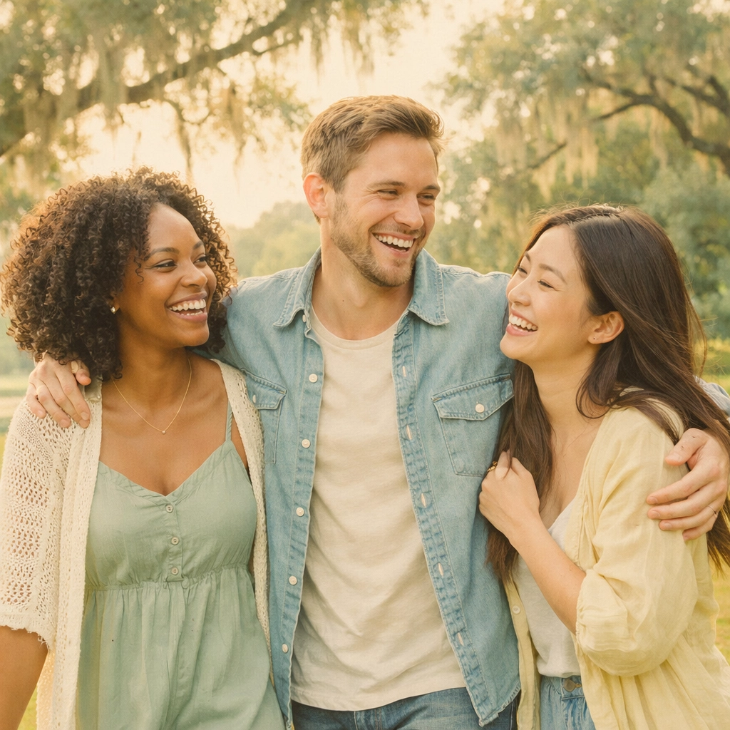 Diverse friends laughing in a Georgia park representing community and mental wellness.
