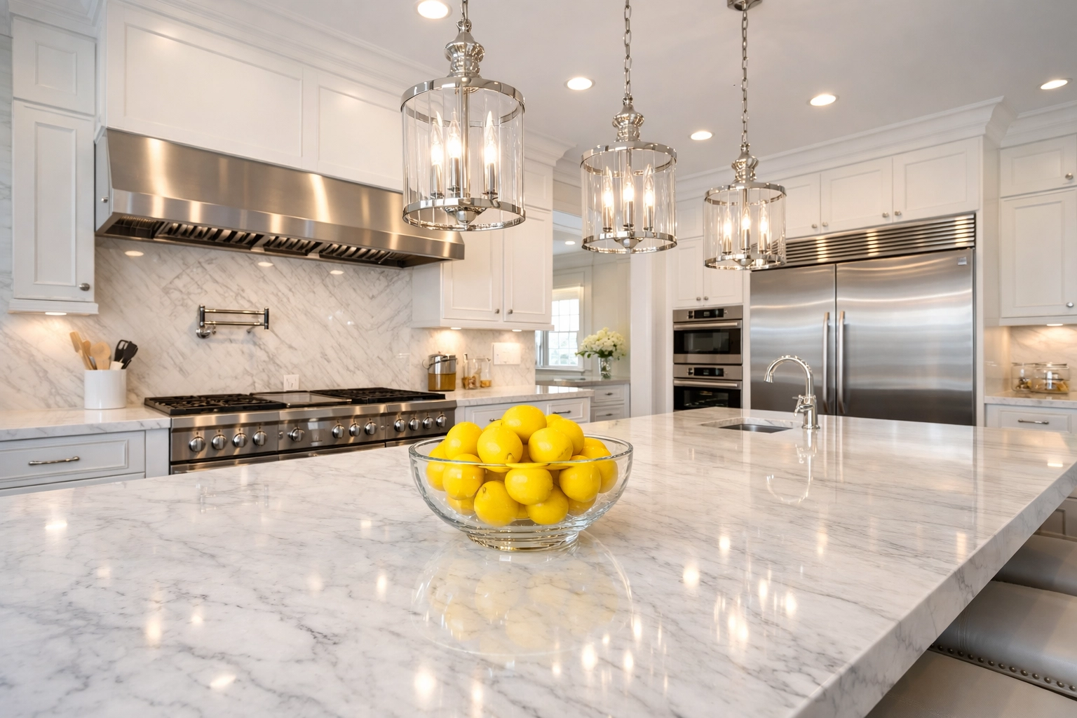 A pristine luxury kitchen in Duxbury with a polished marble island and spotless high-end stainless steel appliances.