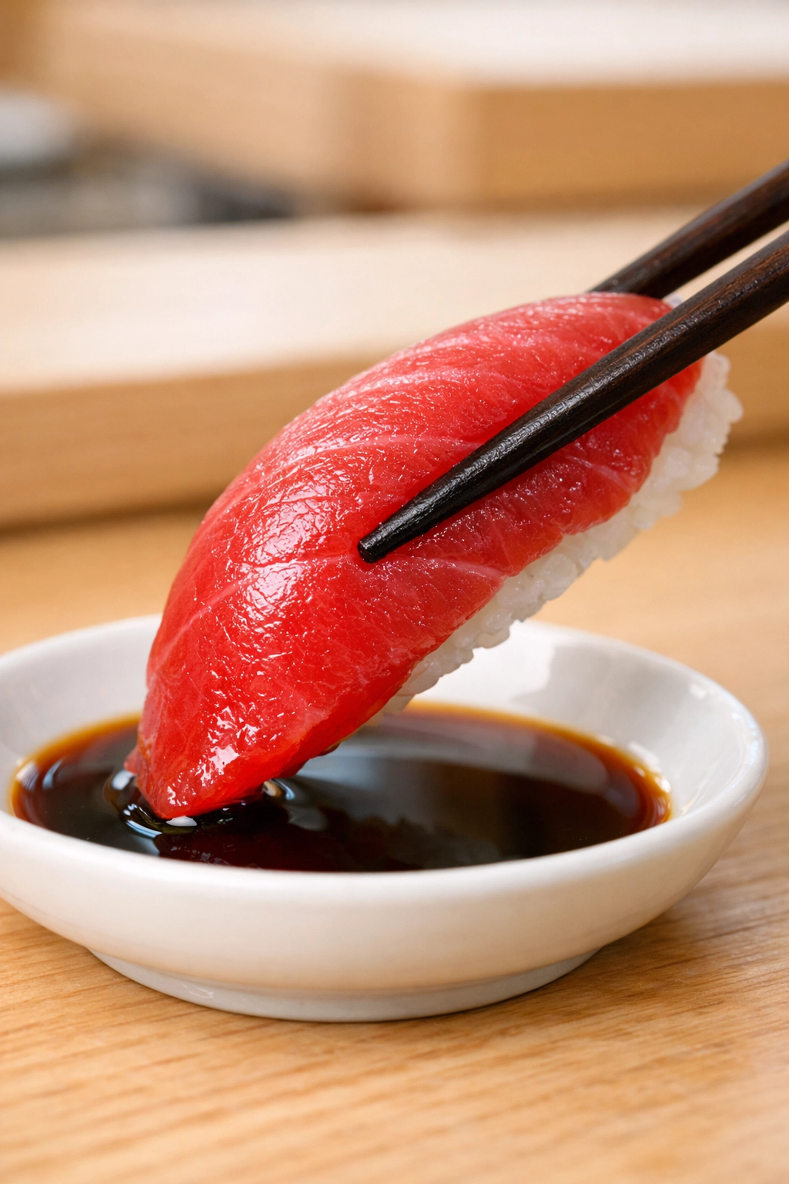 A piece of tuna nigiri sushi being dipped into soy sauce correctly at a Ginza sushi bar.
