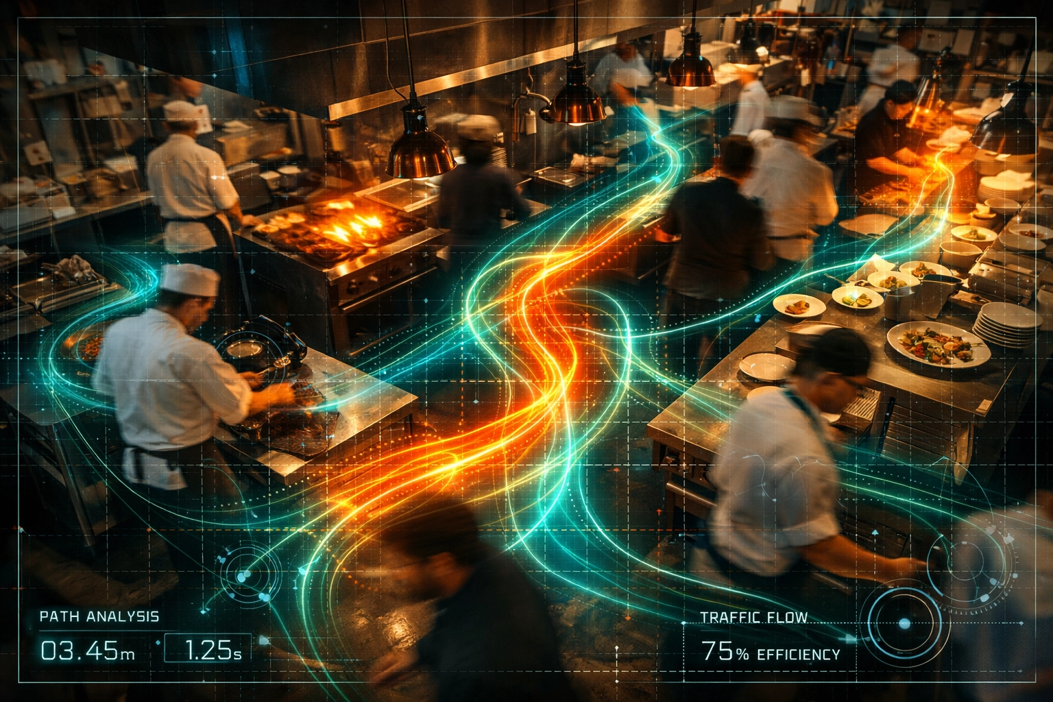 Digital heatmap overlay on a busy restaurant kitchen showing movement data for video analytics.