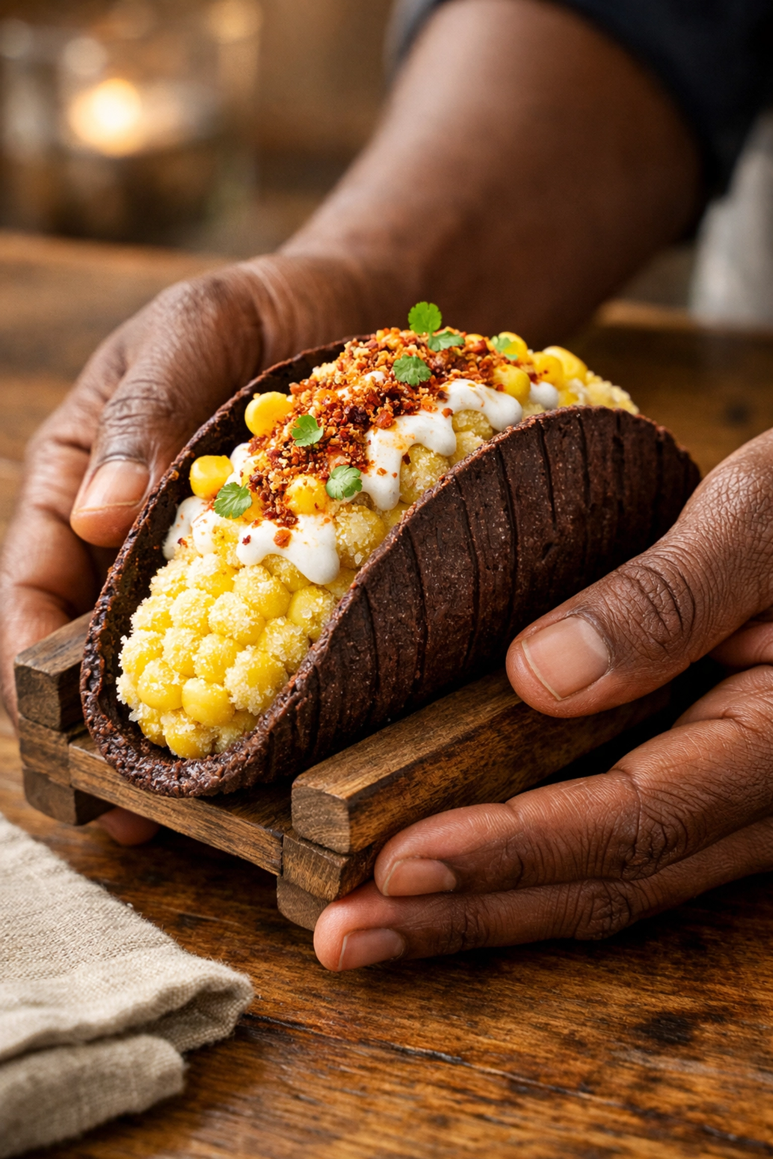 A unique corn taco-themed dessert, a high-value hero dish designed by restaurant consulting firms.